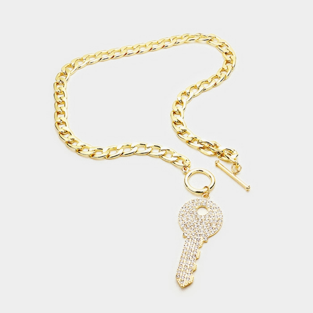 Gold Rhinestone Key Pendant Toggle Necklace Chain - Picture 2 of 2